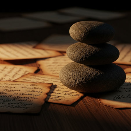 Stack of zen stones and old sheets of music on wooden tableの素材