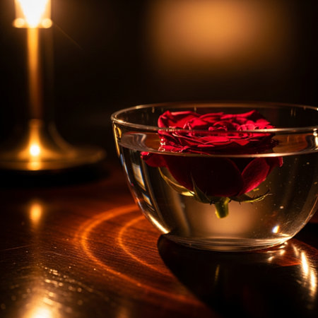 Red rose in a glass vase on a wooden table with candles.の素材
