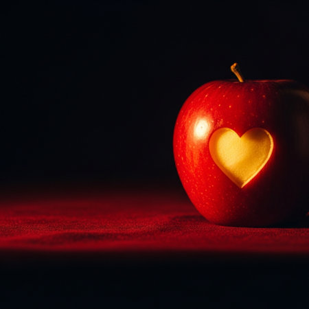 Red apple with heart on a red background. Valentine's Day.の素材