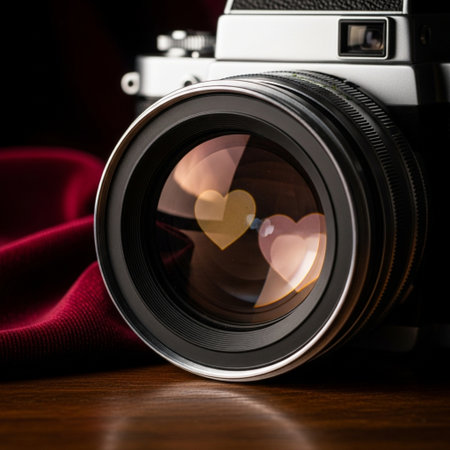 vintage camera with heart-shaped lens on wooden table, closeupの素材