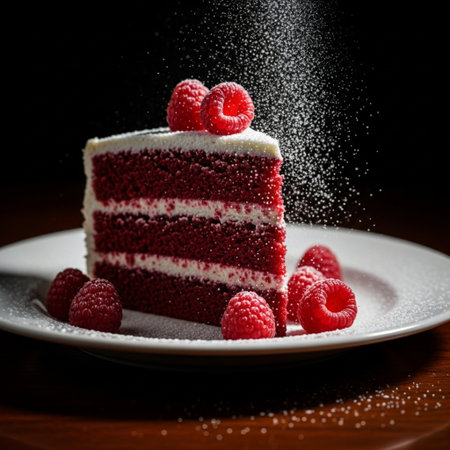 Red velvet cake with raspberries and icing sugar on wooden backgroundの素材