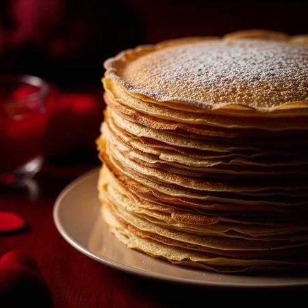 Stack of pancakes with sugar powder on a dark background. Selective focus.の素材