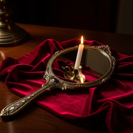 Candle in a candlestick and a mirror on a red clothの素材