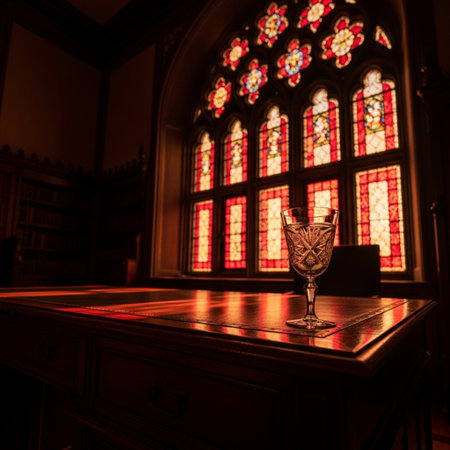 A glass of wine on a table in front of a stained glass windowの素材
