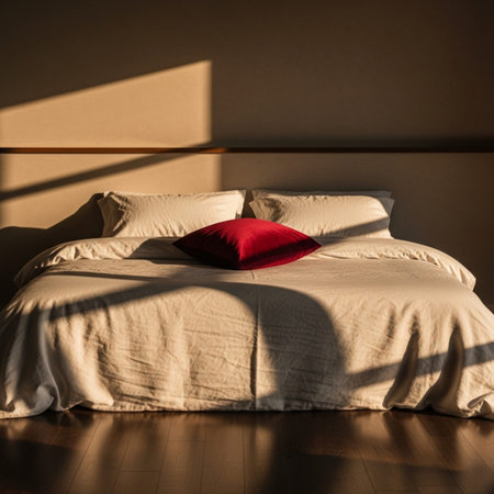 Double bed with red pillows in a modern bedroom with sunlight and shadowの素材