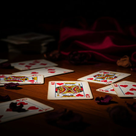 Playing cards on a wooden table with a red cloth on the backgroundの素材