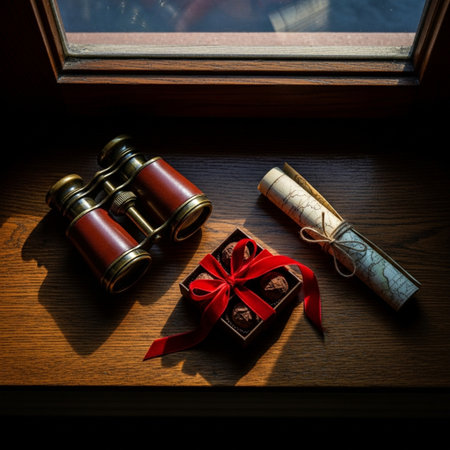 Vintage binoculars and gift box with red ribbon on the windowの素材