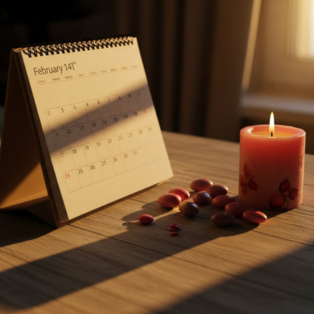 Calendar with burning candle on wooden table in the morning light.の素材