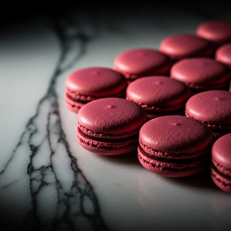 Red macaroon on the marble background. Toned image.の素材