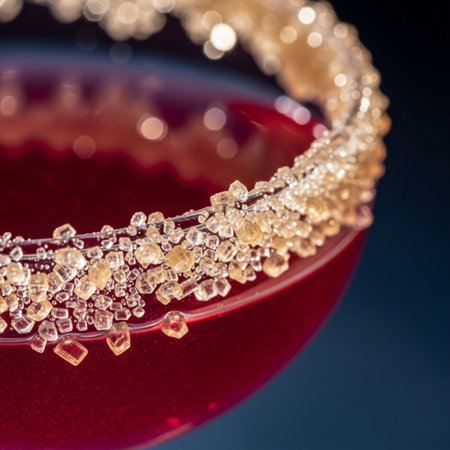 Red cocktail with ice cubes on a dark background. Close-up.の素材