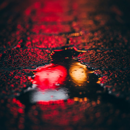 rain drops on a wet asphalt surface with a red light and reflectionの素材