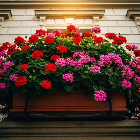 Colorful geraniums in a flower pot on the balcony.の素材