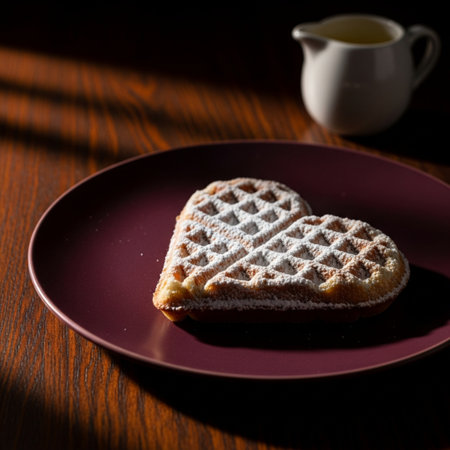 waffle in the shape of a heart on a dark wooden tableの素材