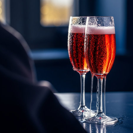 Two glasses of champagne on a table in a restaurant, selective focusの素材