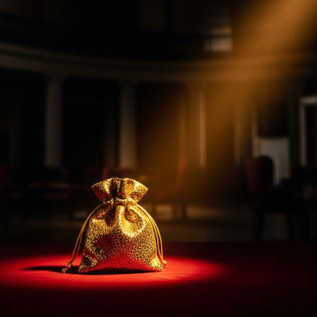 Golden bag on a red carpet in a church with a light beamの素材