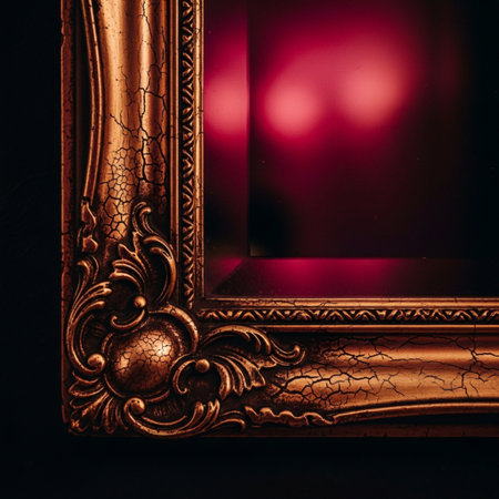 Vintage golden frame on black background with red light. Copy space.の素材