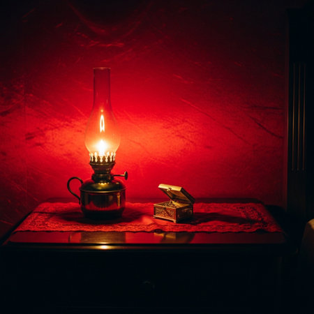 Vintage oil lamp on a table in a room with a red wallの素材