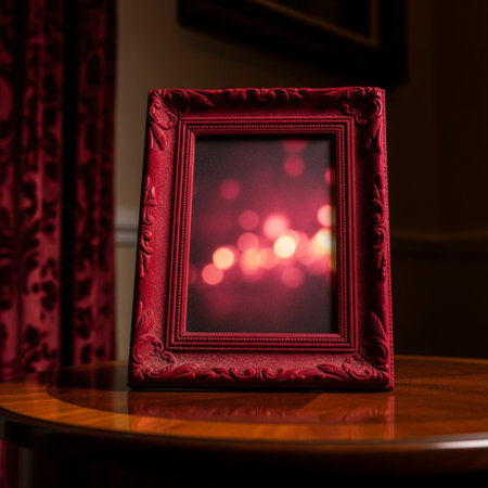 Red photo frame on a wooden table in a room with red curtainsの素材