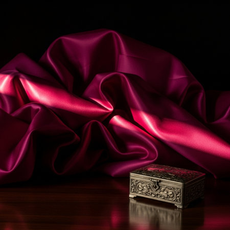 Antique treasure chest with red silk fabric on a black background.の素材