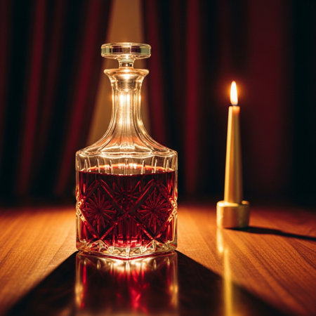 Bottle of cognac and burning candle on wooden table in dark roomの素材