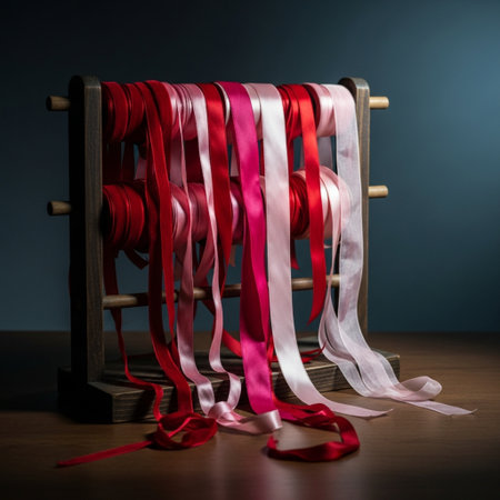 Colorful ribbons on a wooden stand in front of a dark backgroundの素材