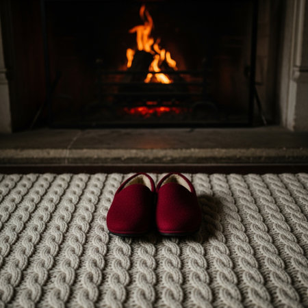 Red slippers on a knitted carpet in front of a fireplaceの素材