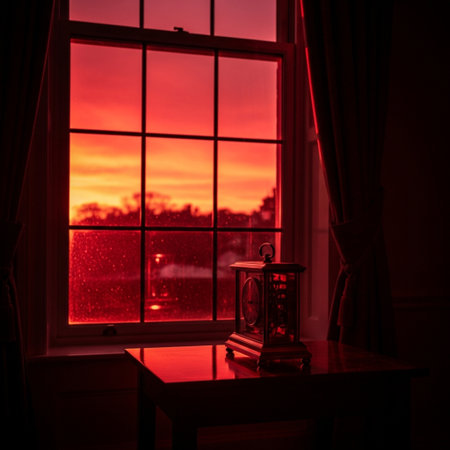 Lantern on a table in front of a window at sunsetの素材
