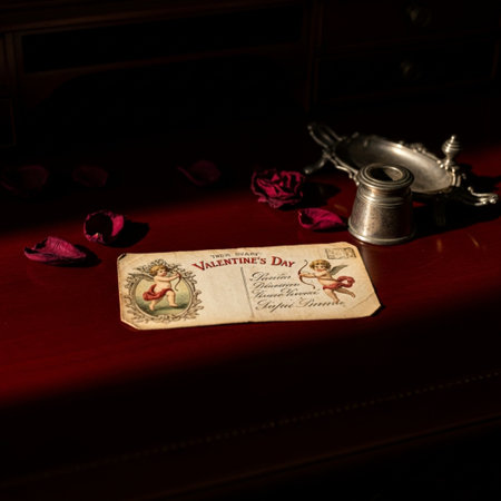 Old postcard on the table with rose petals in the darkの素材