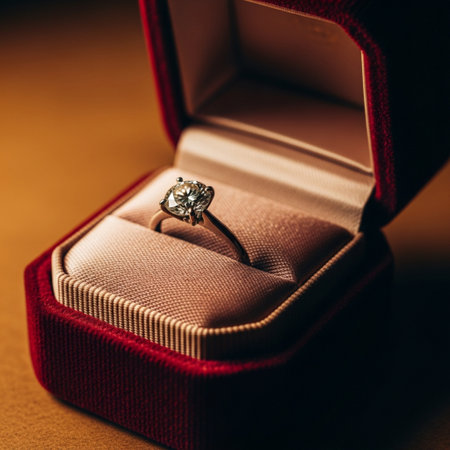Engagement ring in a red box on a brown background close upの素材