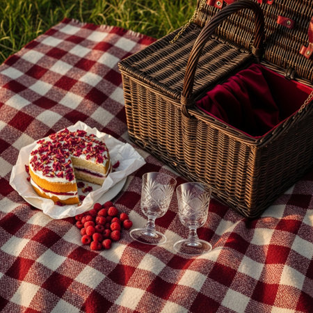 Wicker picnic basket with tasty cake and wine glasses on checkered picnic blanket.の素材