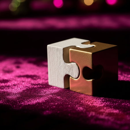 Golden puzzle piece on purple velvet background with bokeh lights.の素材
