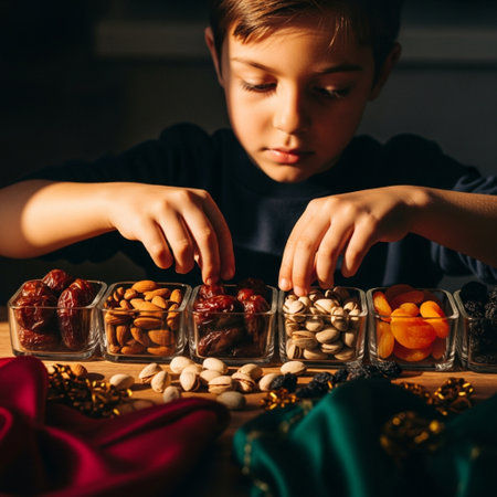 Little boy choosing dried fruits, nuts and candied fruits for Christmas.の素材