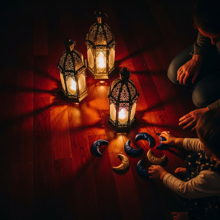Lanterns in the shape of a heart on the wooden floorの素材