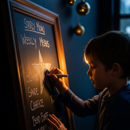 Cute little boy drawing a star on a chalkboard at home.の素材