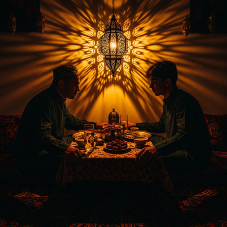 Two men having a dinner in a traditional moroccan restaurant.の素材