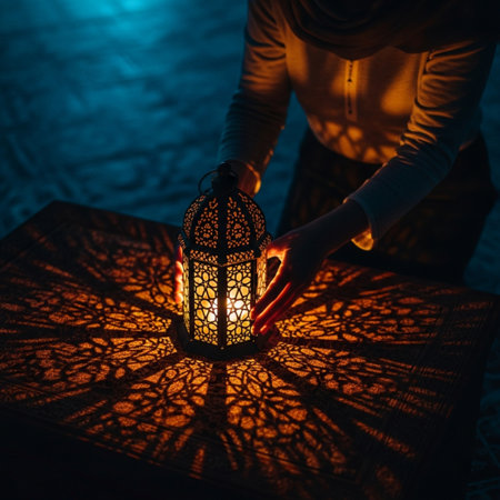 Lantern in the hands of a Muslim woman. Ramadan Kareem.の素材