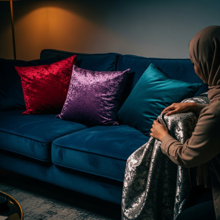 Muslim woman in hijab holding a pillow while sitting on a sofa at homeの素材