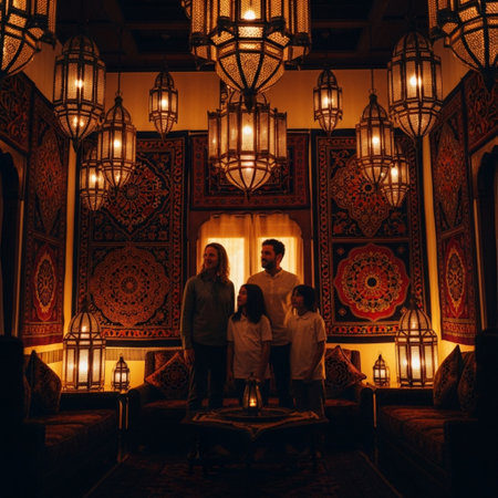 Muslim family in the mosque at night. Muslim family in the mosqueの素材