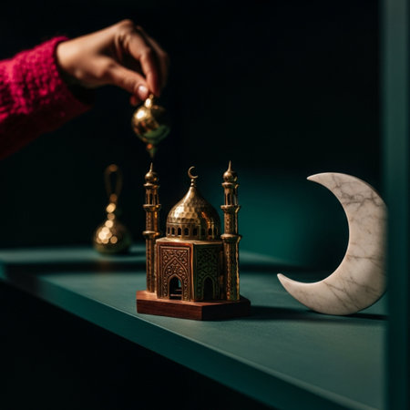Hands of Muslim woman in red sweater holding golden mosque and crescent moon on dark backgroundの素材