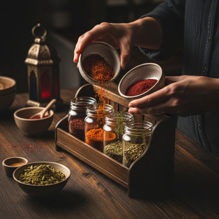 Woman hands pouring spices in a glass jar on a wooden table.の素材