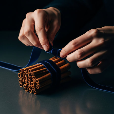 Close up of woman's hands tying blue ribbon on cinnamon sticks.の素材