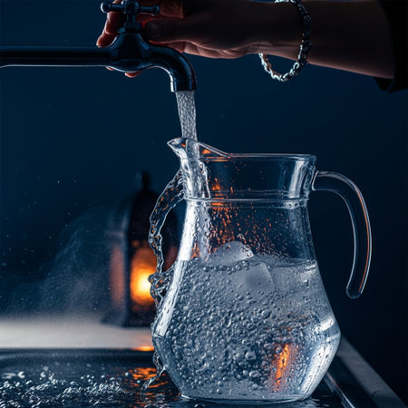 Pouring water into a glass jug on a black background. Close-up.の素材