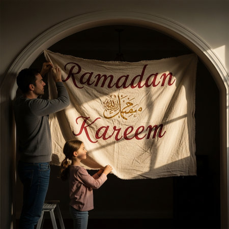 Father and Daughter Opening the Window of a Christian Church, Ramadan Kareemの素材
