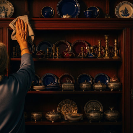 Woman cleaning the shelves in the kitchen. Cleaning service concept.の素材