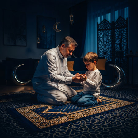 Grandfather and grandson are praying together in the mosque. Muslim family.の素材