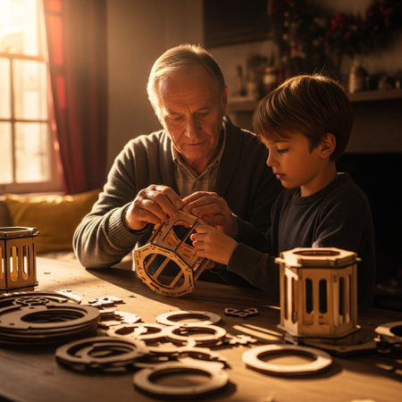 Grandfather and grandson playing with steampunk toys at home. Concept of old people and technology.の素材