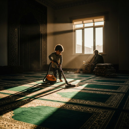 Young Muslim Boy Making Traditional Prayer to God Allah in the Mosque.の素材