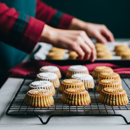 Woman hands holding baking tray with freshly baked shortbread muffins.の素材