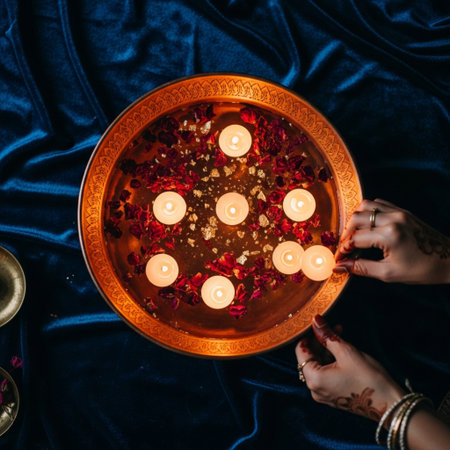 Woman hands with burning candles in bowl of water with rose petalsの素材