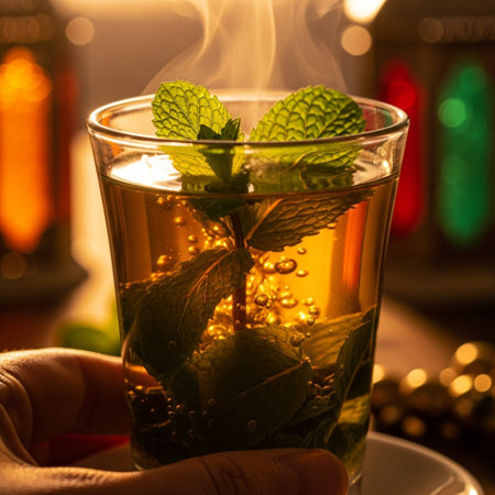 Mint tea in a glass with ice on a wooden background.の素材